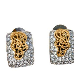 Earrings, Gold Tone and Rhinestone Rectangular Earrings